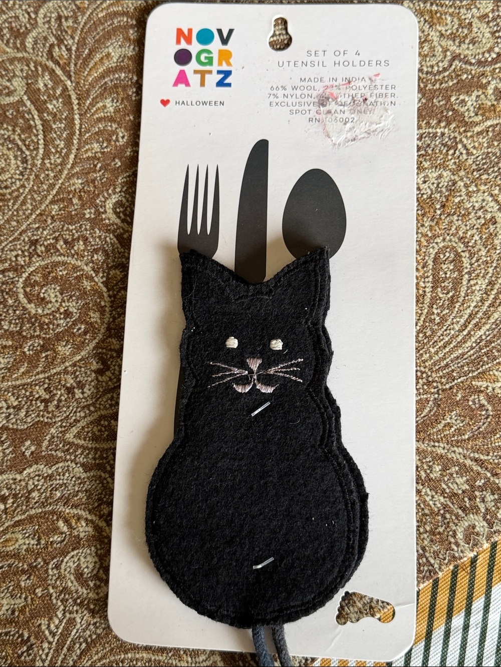 NWT NOVOGRATZ Halloween Set of 4 Black Cats with Tails Utensil Holders
